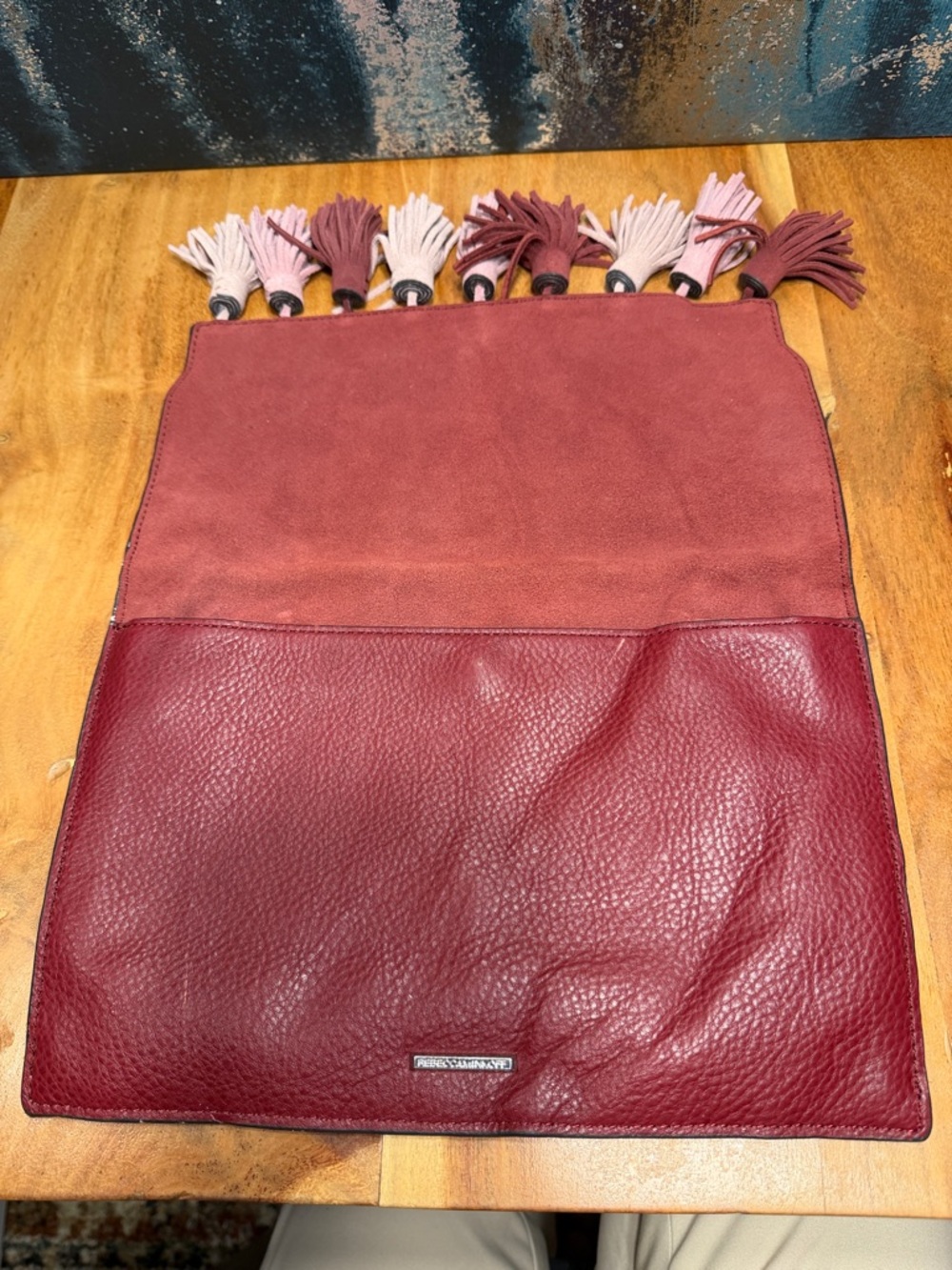 Rebecca Minkoff Boho Finn Tassel Suede Leather Crossbody Clutch Burgundy (GUC) - Picture 12 of 17